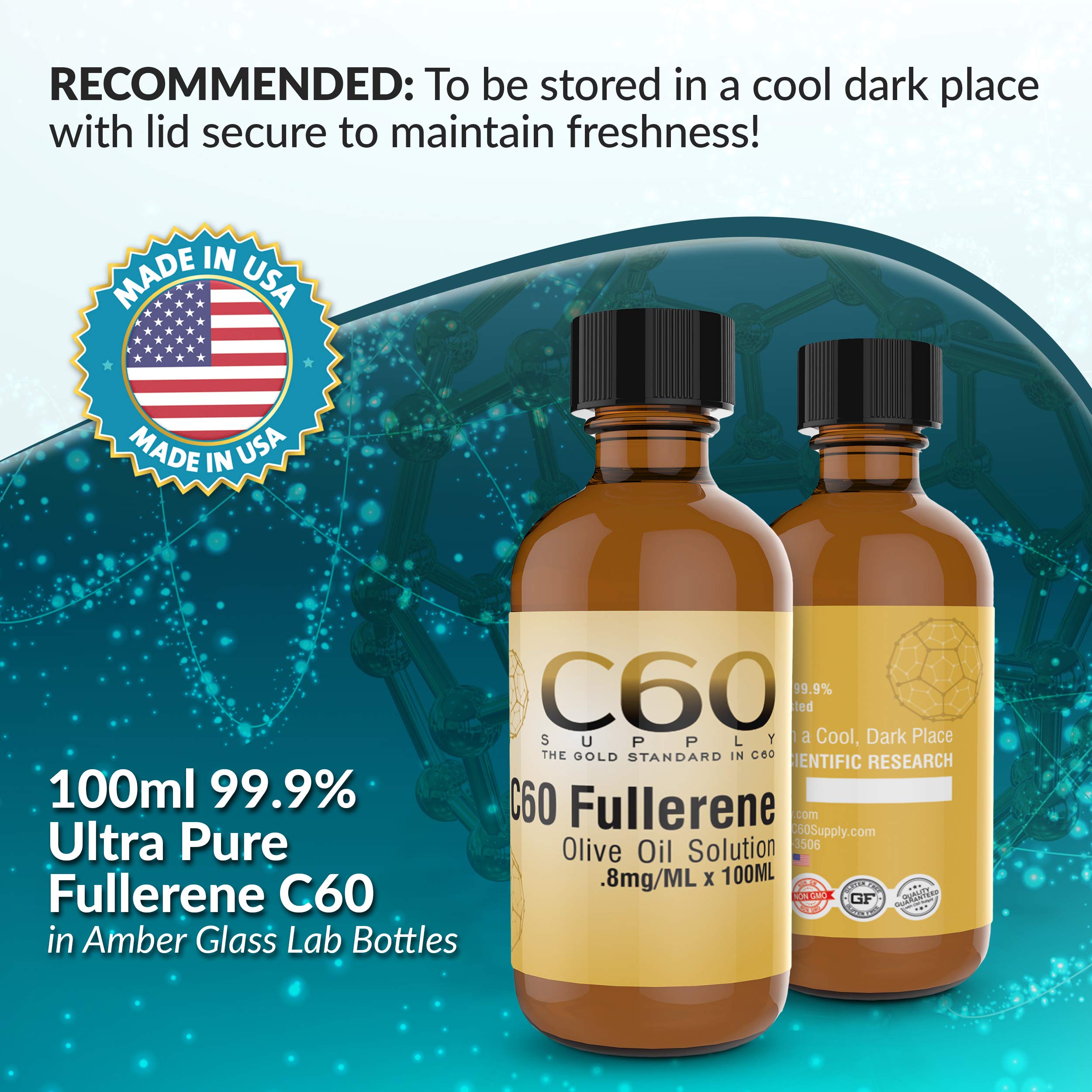 C60 in Olive Oil, Carbon 60 Supplement in Amber Glass Lab Bottles, C 60