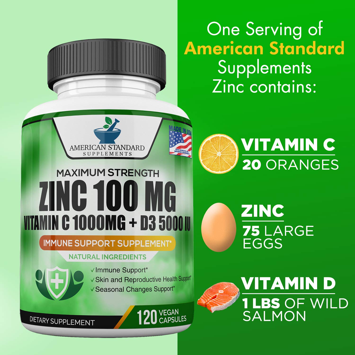 Zinc 100mg, Vitamin C 1000mg, Vitamin D 5000IU per Serving, Immune