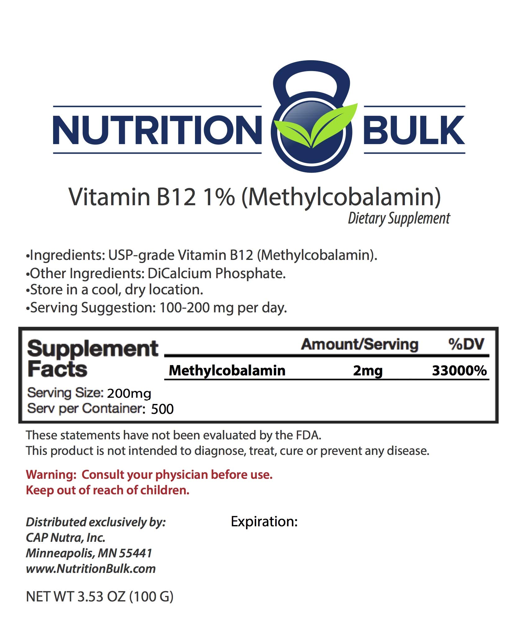 Vitamin B12 Nutrition Bulk, 1 Methylcobalamin Powder, USP Grade